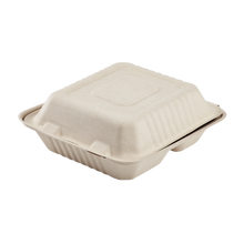 Load image into Gallery viewer, Wholesale 8&#39;&#39; x 8&#39;&#39; Compostable Bagasse Hinged Containers, 3 Compartments - 200 ct
