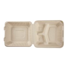 Load image into Gallery viewer, Wholesale 8&#39;&#39; x 8&#39;&#39; Compostable Bagasse Hinged Containers, 3 Compartments - 200 ct
