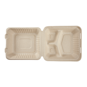Wholesale 8'' x 8'' Compostable Bagasse Hinged Containers, 3 Compartments - 200 ct