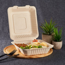 Load image into Gallery viewer, Wholesale 8&#39;&#39; x 8&#39;&#39; Compostable Bagasse Hinged Containers, 3 Compartments - 200 ct
