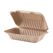 Load image into Gallery viewer, Wholesale 9&#39;&#39; x 6&#39;&#39; Bagasse Hinged Containers, Natural - 200 ct

