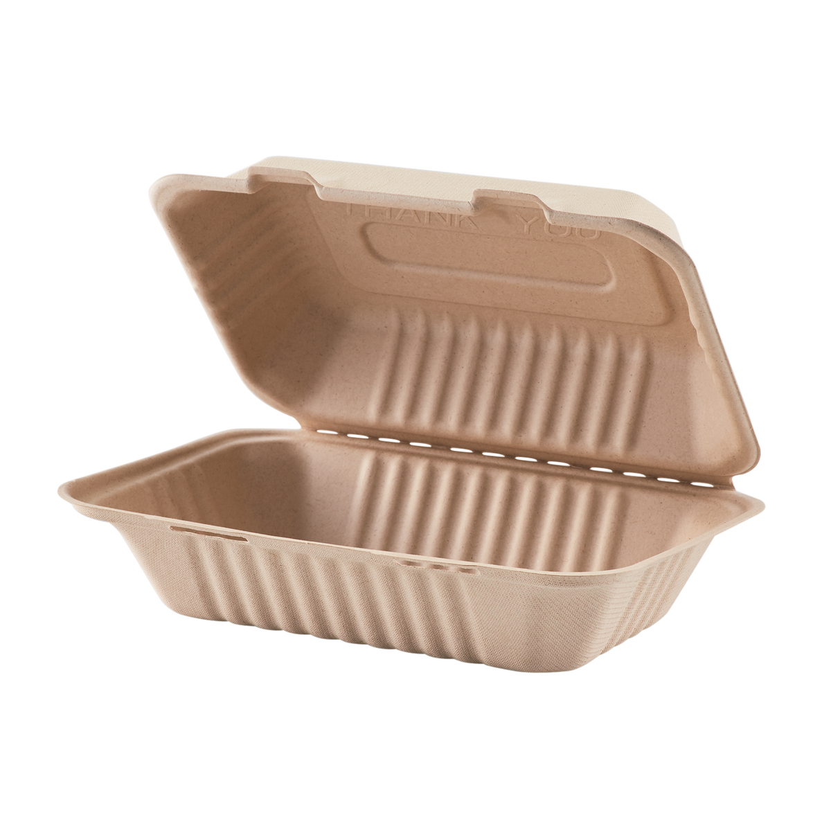 Wholesale 9'' x 6'' Bagasse Hinged Containers, Natural - 200 ct