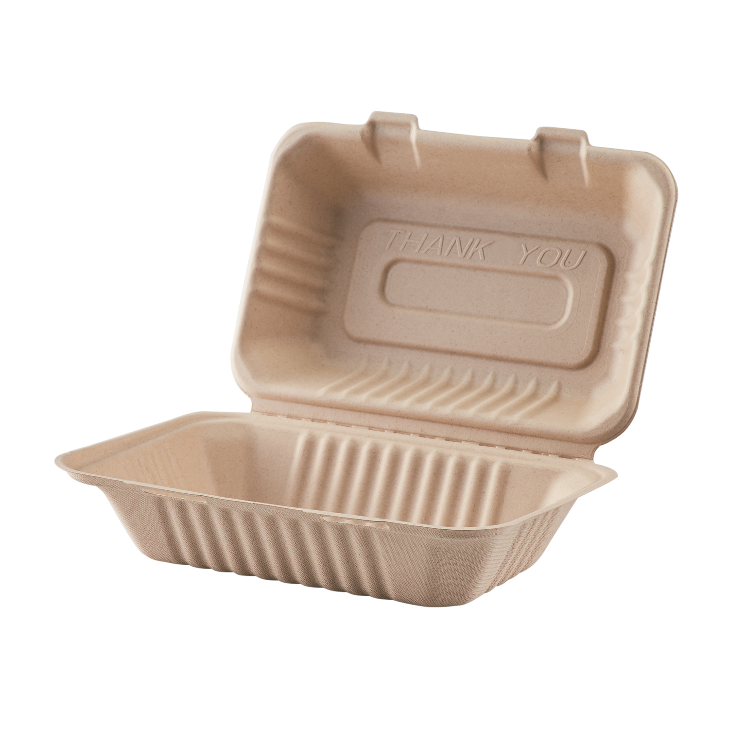 Wholesale 9'' x 6'' Bagasse Hinged Containers, Natural - 200 ct
