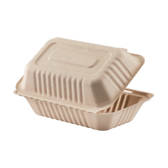 Wholesale 9'' x 6'' Bagasse Hinged Containers, Natural - 200 ct
