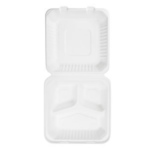Wholesale 9"x9" Compostable Bagasse Hinged Container 3 Compartments - 200 ct