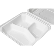 Load image into Gallery viewer, Wholesale 9&quot;x9&quot; Compostable Bagasse Hinged Container 3 Compartments - 200 ct
