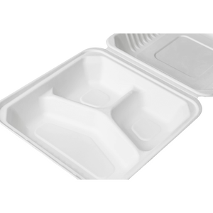 Wholesale 9"x9" Compostable Bagasse Hinged Container 3 Compartments - 200 ct