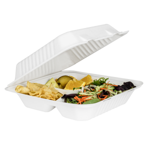 Wholesale 9"x9" Compostable Bagasse Hinged Container 3 Compartments - 200 ct