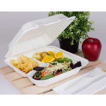 Load image into Gallery viewer, Wholesale 9&quot;x9&quot; Compostable Bagasse Hinged Container 3 Compartments - 200 ct
