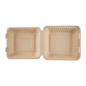 Wholesale 9'' x 9'' Bagasse Hinged Containers, Natural - 200 ct
