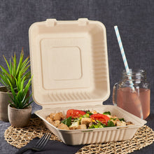 Load image into Gallery viewer, Wholesale 9&#39;&#39; x 9&#39;&#39; Bagasse Hinged Containers, Natural - 200 ct
