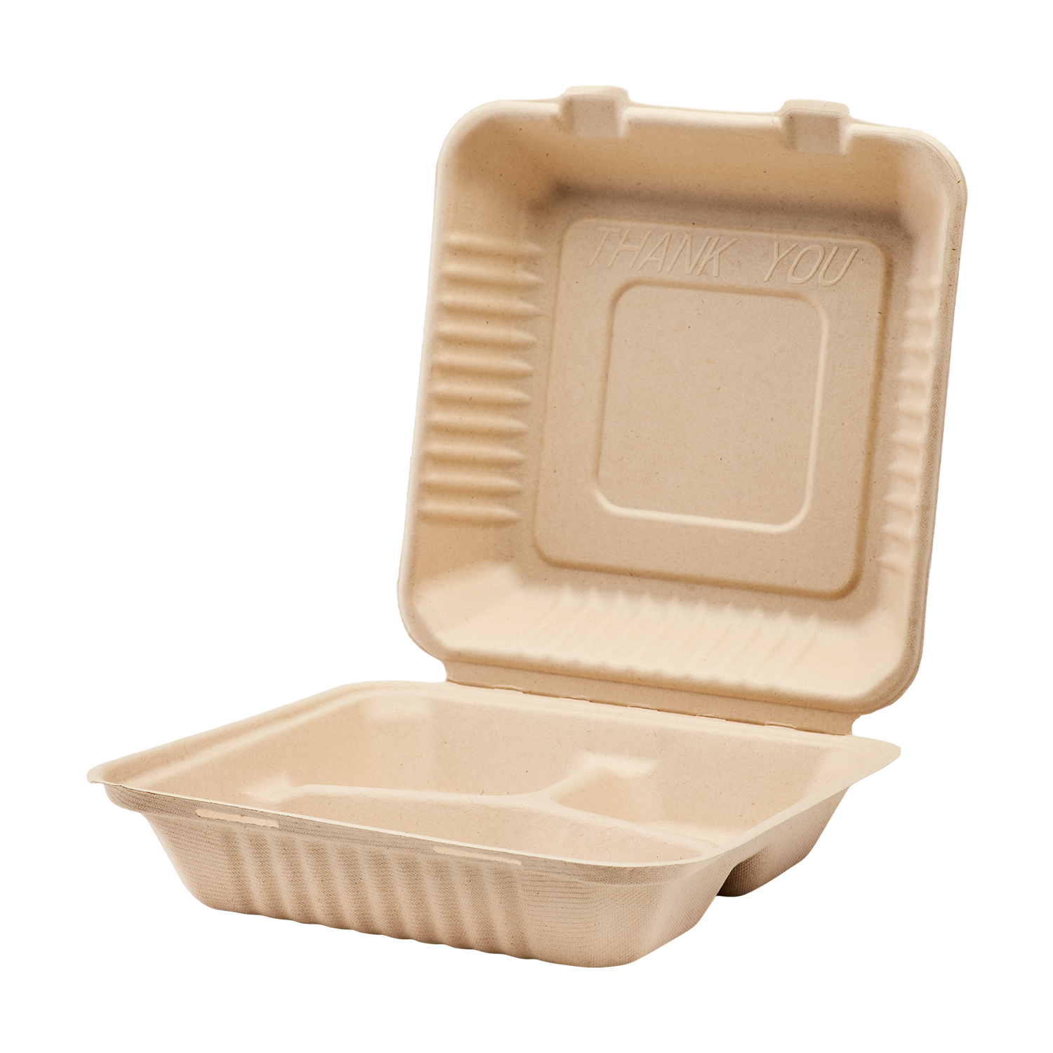 Wholesale 9'' x 9'' Natural Compostable Bagasse Hinged Containers 3 Compartments - 200 ct