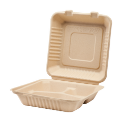 Wholesale 9'' x 9'' Natural Compostable Bagasse Hinged Containers 3 Compartments - 200 ct