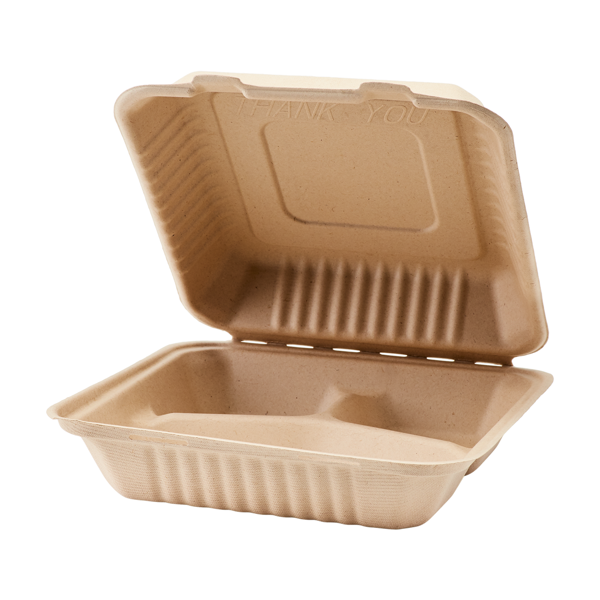 Wholesale 9'' x 9'' Natural Compostable Bagasse Hinged Containers 3 Compartments - 200 ct