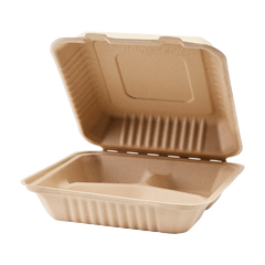 Wholesale 9'' x 9'' Natural Compostable Bagasse Hinged Containers 3 Compartments - 200 ct