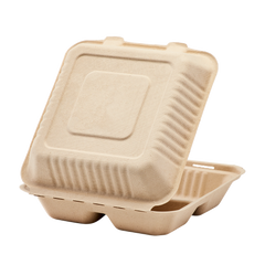 Wholesale 9'' x 9'' Natural Compostable Bagasse Hinged Containers 3 Compartments - 200 ct