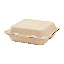 Load image into Gallery viewer, Wholesale 9&#39;&#39; x 9&#39;&#39; Natural Compostable Bagasse Hinged Containers 3 Compartments - 200 ct
