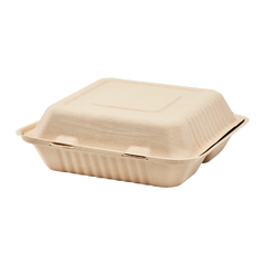 Wholesale 9'' x 9'' Natural Compostable Bagasse Hinged Containers 3 Compartments - 200 ct
