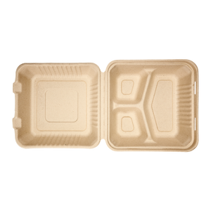 Wholesale 9'' x 9'' Natural Compostable Bagasse Hinged Containers 3 Compartments - 200 ct