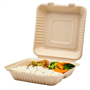 Wholesale 9'' x 9'' Natural Compostable Bagasse Hinged Containers 3 Compartments - 200 ct
