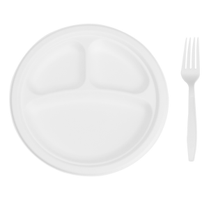 Wholesale 9'' Compostable Bagasse Round Plates 3 Compartments - 500 ct