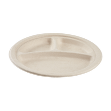Load image into Gallery viewer, Wholesale 9&#39;&#39; Compostable Bagasse Round Plates, Natural - 3 Compartments - 500 ct
