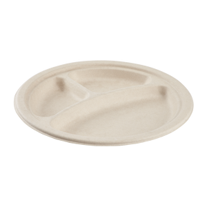 Wholesale 9'' Compostable Bagasse Round Plates, Natural - 3 Compartments - 500 ct