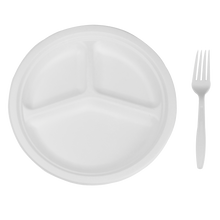 Load image into Gallery viewer, Wholesale 10&#39;&#39; Compostable Bagasse Round Plates 3 Compartments - 500 ct

