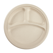 Load image into Gallery viewer, Wholesale 10&#39;&#39; Compostable Bagasse Round Plates, Natural - 3 Compartments - 500 ct
