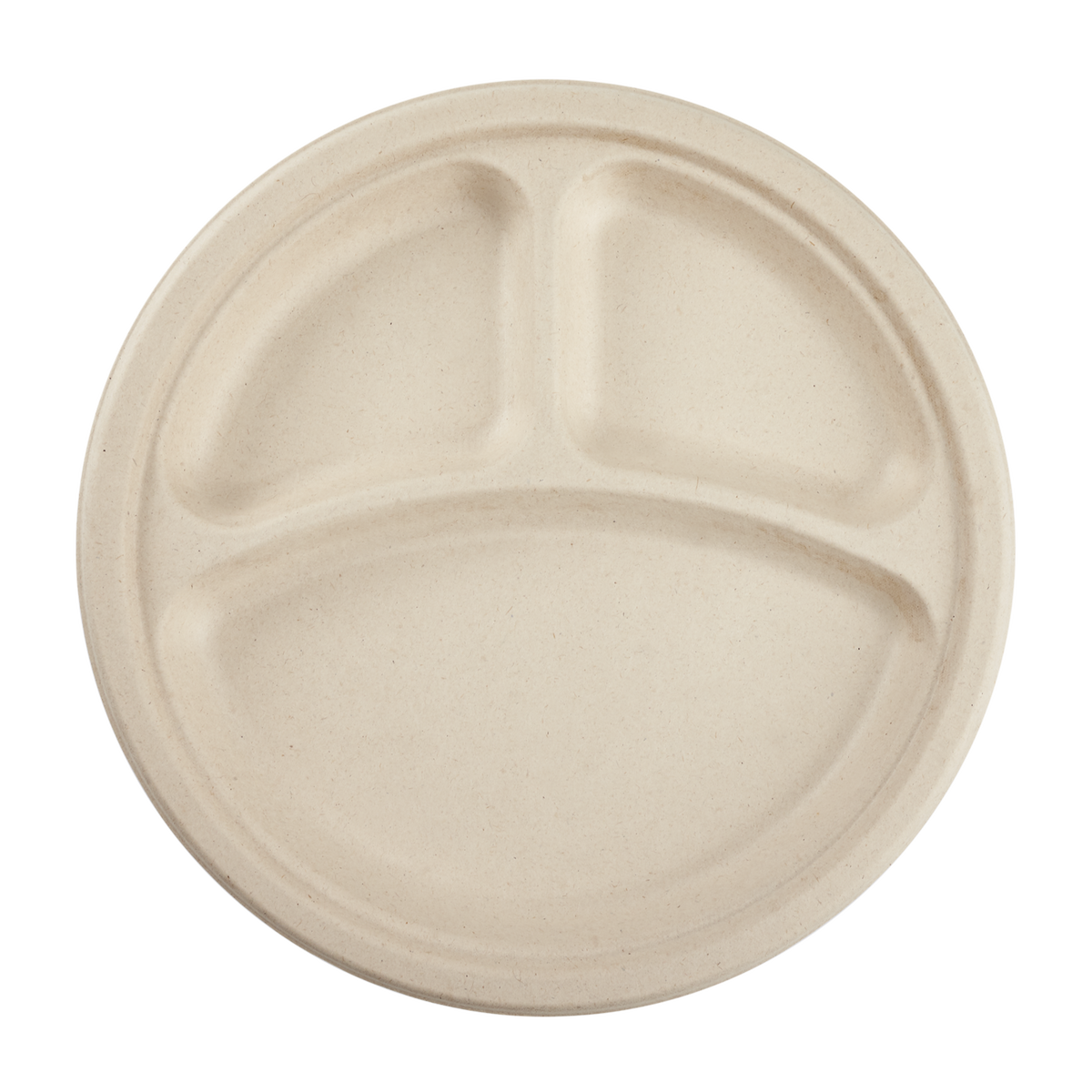 Wholesale 10'' Compostable Bagasse Round Plates, Natural - 3 Compartments - 500 ct