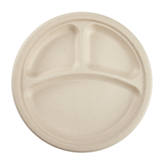 Wholesale 10'' Compostable Bagasse Round Plates, Natural - 3 Compartments - 500 ct