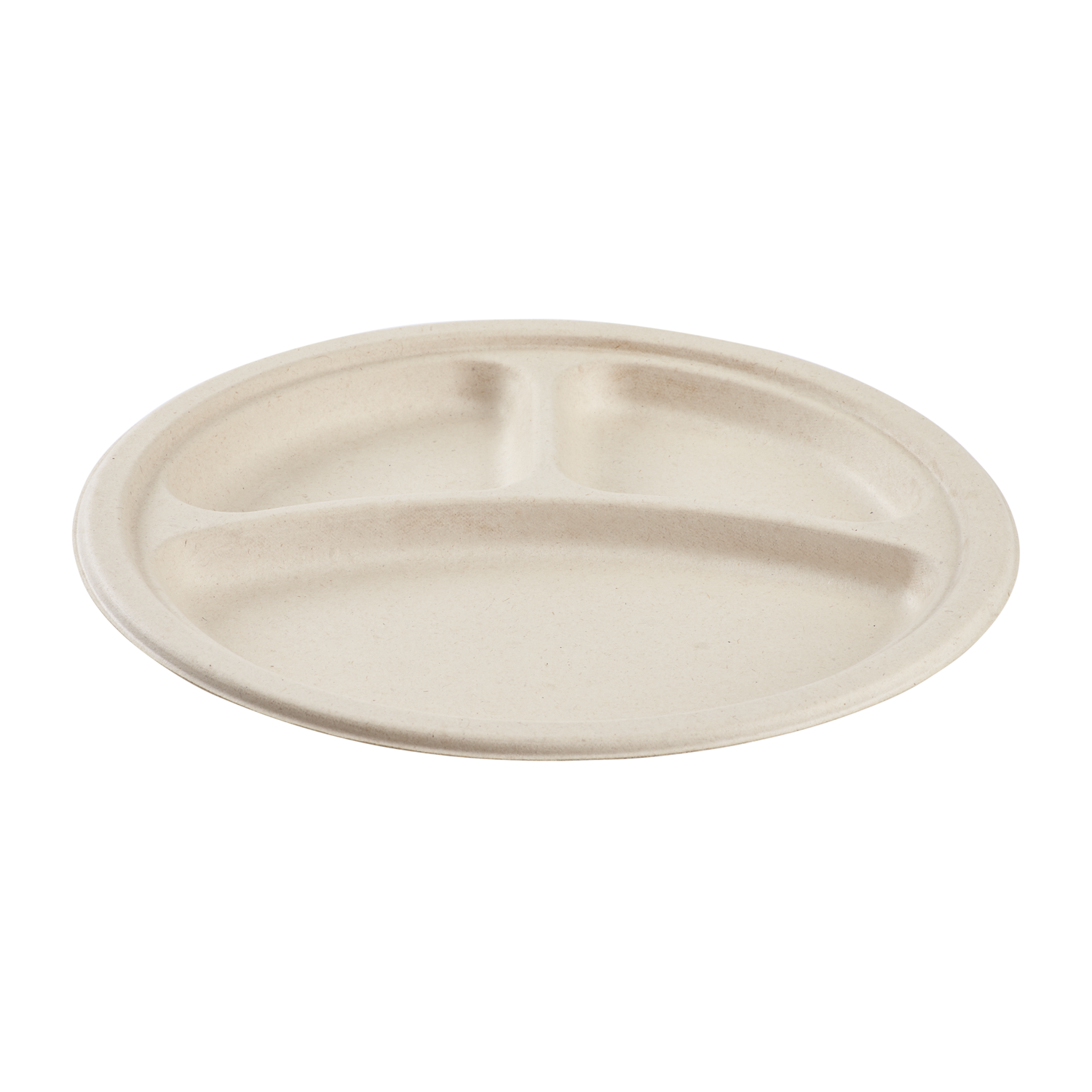 Wholesale 10'' Compostable Bagasse Round Plates, Natural - 3 Compartments - 500 ct