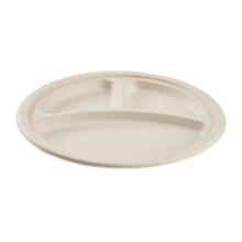 Load image into Gallery viewer, Wholesale 10&#39;&#39; Compostable Bagasse Round Plates, Natural - 3 Compartments - 500 ct
