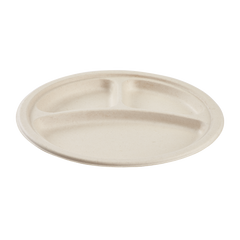 Wholesale 10'' Compostable Bagasse Round Plates, Natural - 3 Compartments - 500 ct