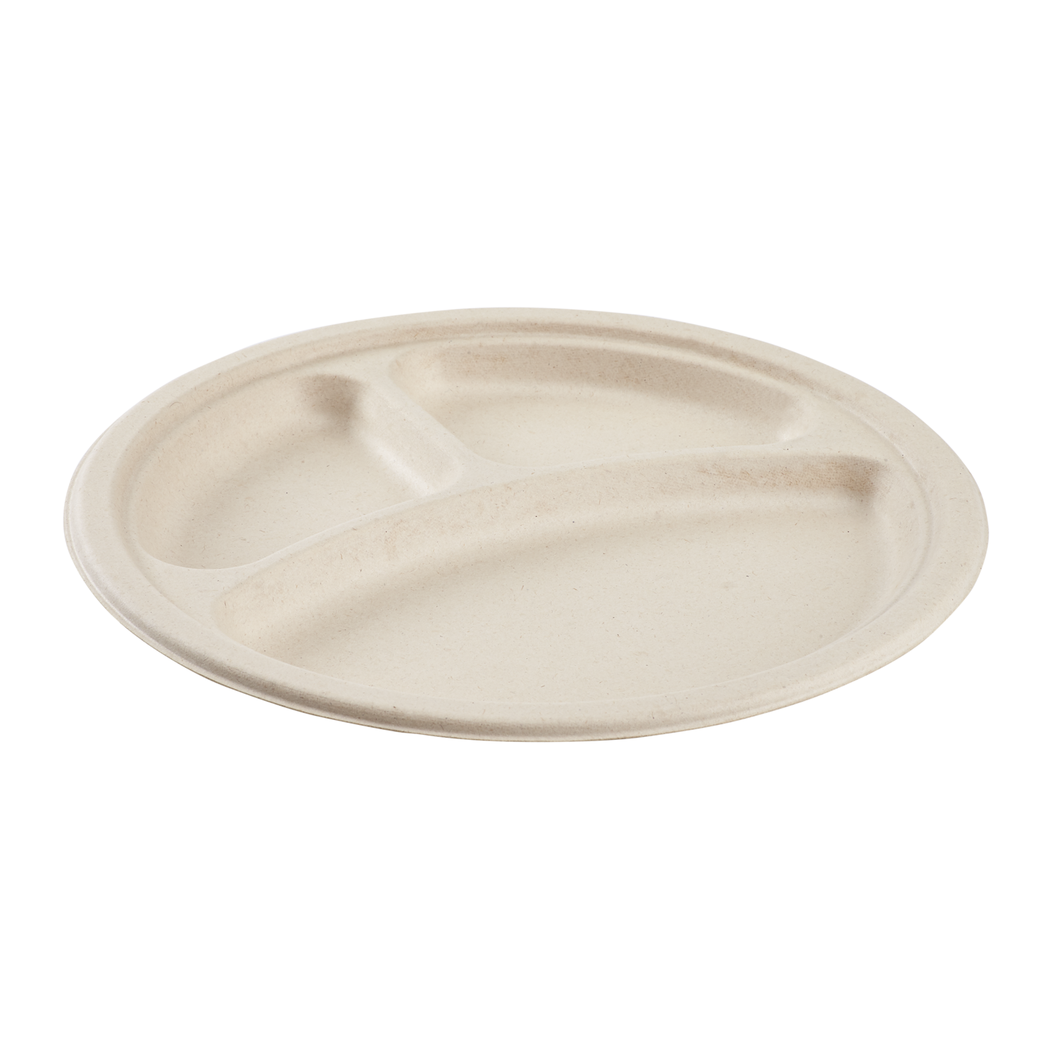 Wholesale 10'' Compostable Bagasse Round Plates, Natural - 3 Compartments - 500 ct