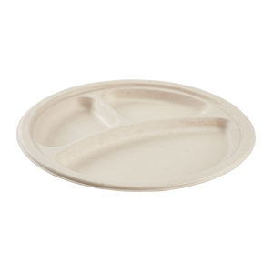 Wholesale 10'' Compostable Bagasse Round Plates, Natural - 3 Compartments - 500 ct