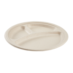 Wholesale 10'' Compostable Bagasse Round Plates, Natural - 3 Compartments - 500 ct