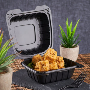Wholesale 6" x 6" Mineral Filled PP Hinged Container, 1 compartment Black - 400 ct
