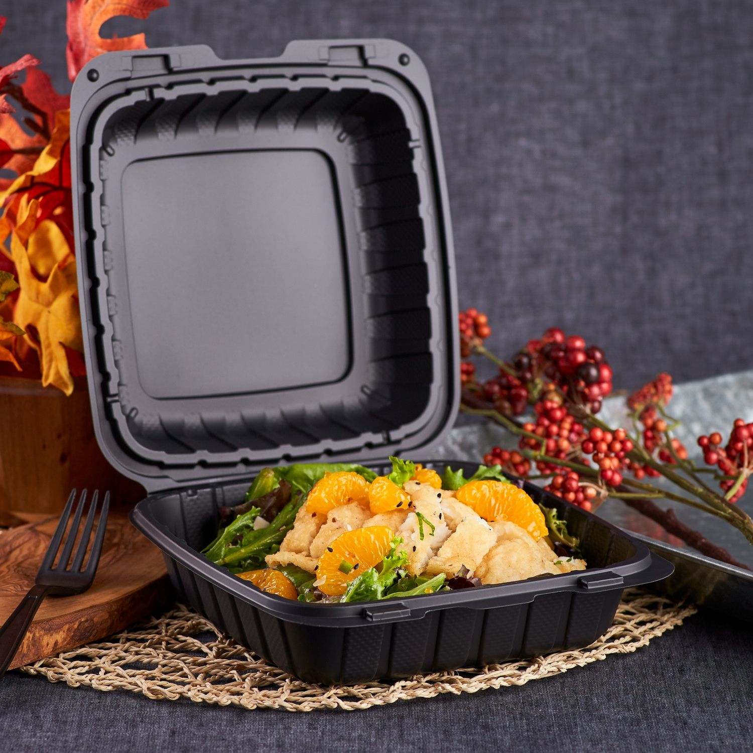 Wholesale 8" x 8" Mineral Filled PP Hinged Container 1 compartment Black - 200ct