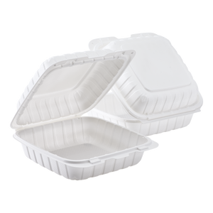 Wholesale 8" x 8" Mineral Filled PP Hinged Container, 1 compartment White - 200 ct