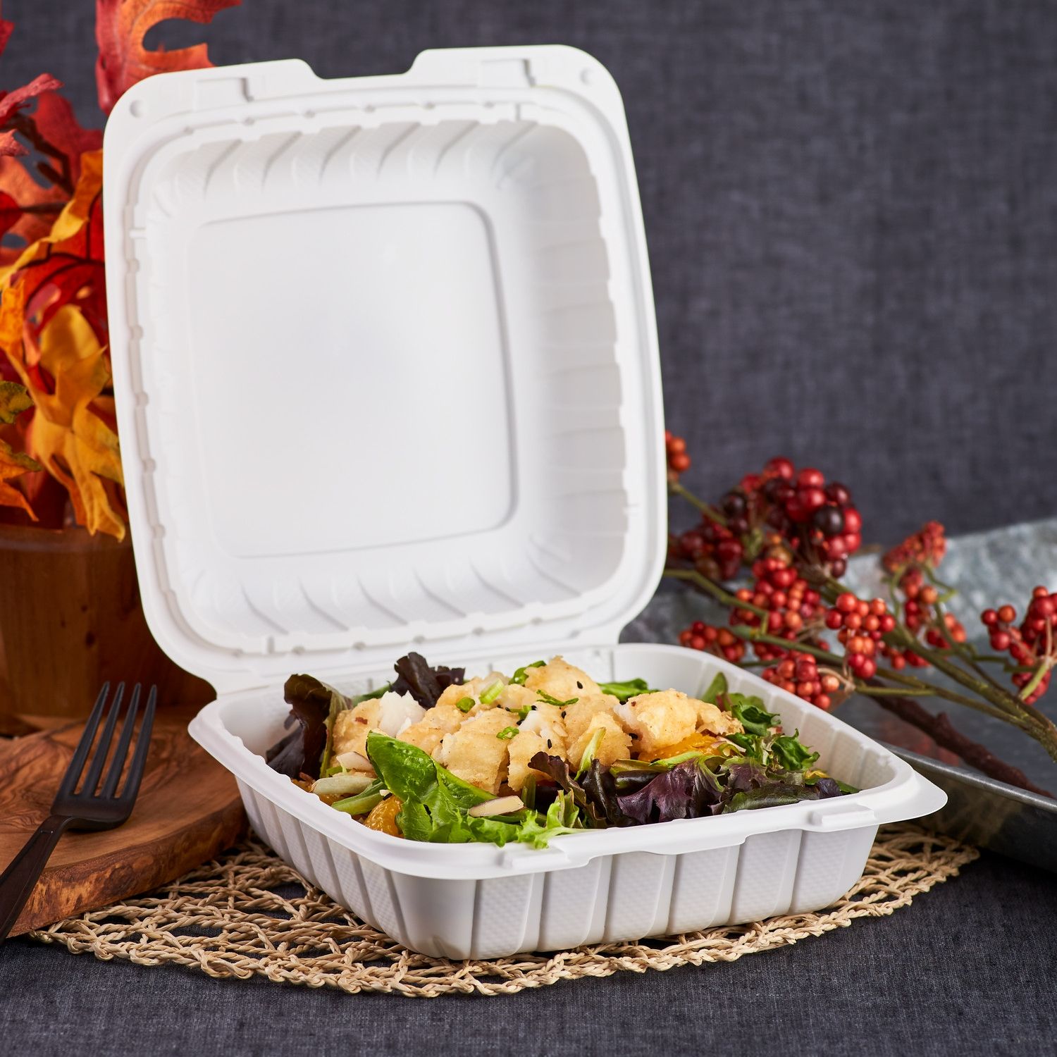 Wholesale 8" x 8" Mineral Filled PP Hinged Container, 1 compartment White - 200 ct
