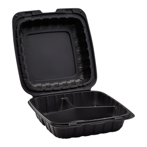Wholesale 8" x 8" Mineral Filled PP Hinged Container 3 compartment Black - 200 ct