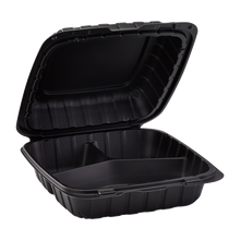 Load image into Gallery viewer, Wholesale 8&quot; x 8&quot; Mineral Filled PP Hinged Container 3 compartment Black - 200 ct
