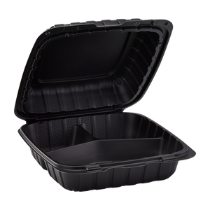 Wholesale 8" x 8" Mineral Filled PP Hinged Container 3 compartment Black - 200 ct