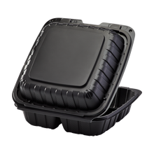 Load image into Gallery viewer, Wholesale 8&quot; x 8&quot; Mineral Filled PP Hinged Container 3 compartment Black - 200 ct

