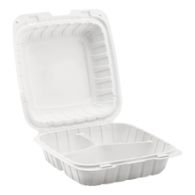 Load image into Gallery viewer, Wholesale 8&quot; x 8&quot; Mineral Filled PP Hinged Container 3 compartment White - 200 ct
