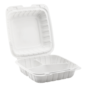 Wholesale 8" x 8" Mineral Filled PP Hinged Container 3 compartment White - 200 ct