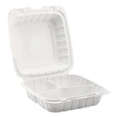 Wholesale 8" x 8" Mineral Filled PP Hinged Container 3 compartment White - 200 ct