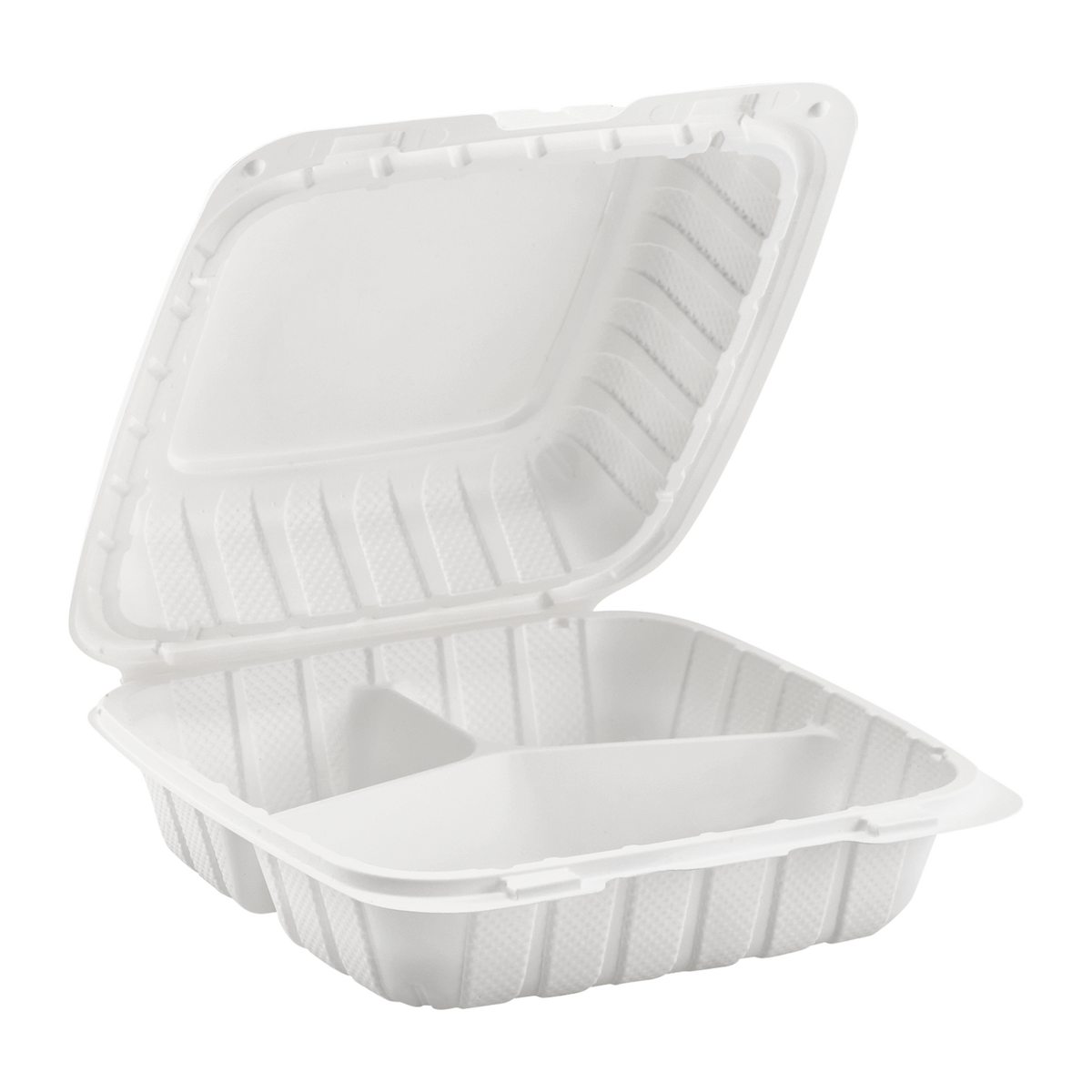 Wholesale 8" x 8" Mineral Filled PP Hinged Container 3 compartment White - 200 ct