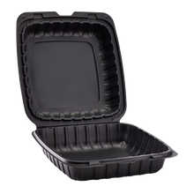 Load image into Gallery viewer, Wholesale 9&quot; x 9&quot; Mineral Filled PP Hinged Container 1 compartment Black - 120 ct
